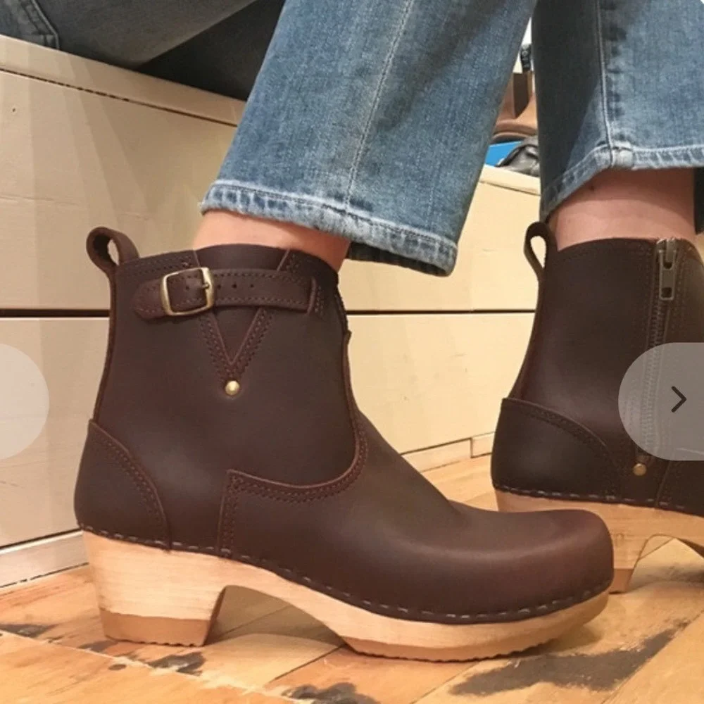 No 6 clog ankle boots size 8 / 38 brown Moto Leather Wood Heel Buckle Swedish - Picture 2 of 14